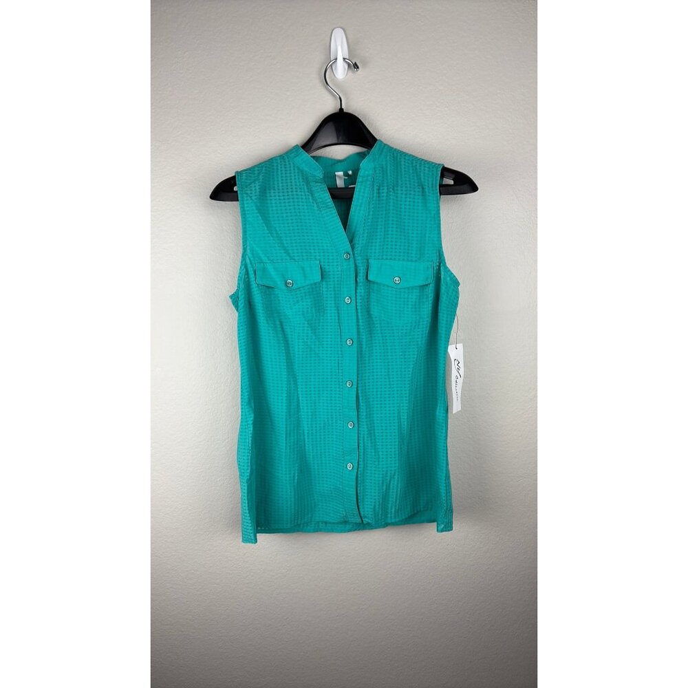 NY Collection - Small - Teal Checkered Sleeveless Blouse With V-Neck & Pockets